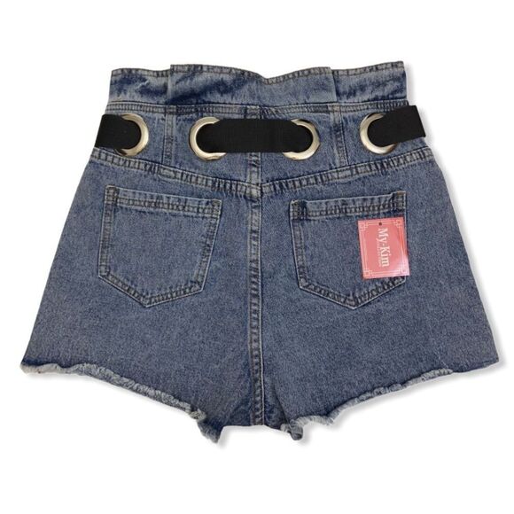 My-Kim Belted Button Fly High Waist Frayed Hem Denim Paper Bag Shorts - Picture 10 of 10
